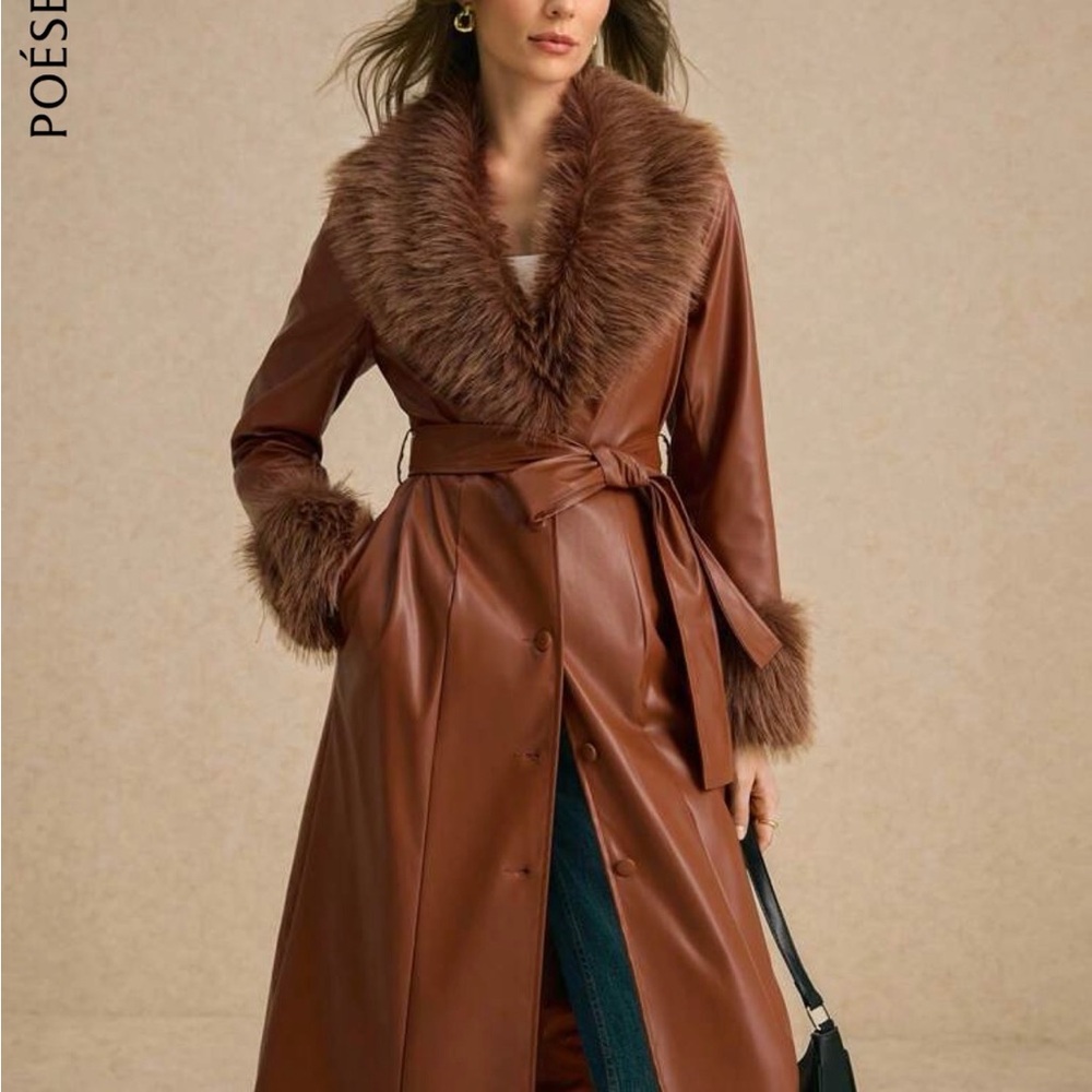 Brown Faux Fur Trimmed Long Trench Coat